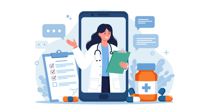A smiling female doctor delivers online medical consultation and digital healthcare through a smartphone application, with medicine bottles and pills nearby.