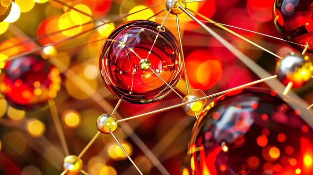 Abstract Molecular Structure: A dynamic composition of interconnected spheres and golden connectors suggests a deeper level of interconnectedness, set against a backdrop of warm.