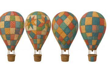 Hot air balloons set with patterned patchwork design, colorful vintage style, flying and exploring concepts, transparent background