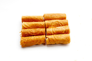 Rolled crispy wafers filled with shredded pork floss, Thai snack.