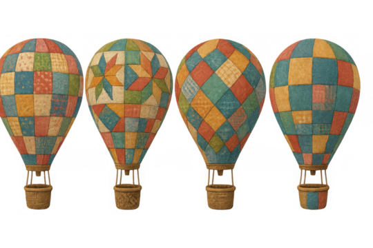 Hot air balloons set with patterned patchwork design, colorful vintage style, flying and exploring concepts, transparent background - Powered by Adobe
