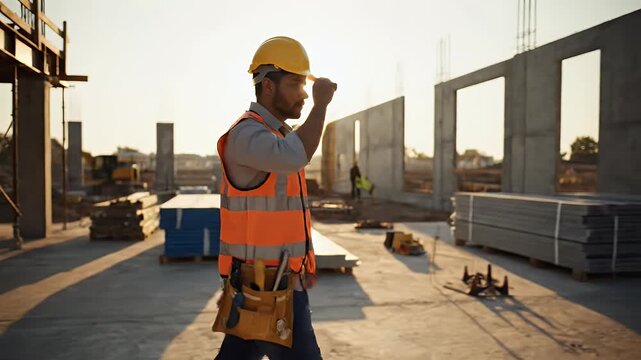 Foreman confidently surveys active construction site at golden hour, future building taking shape