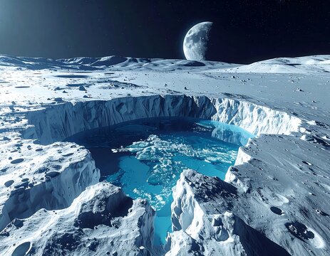 A celestial scene depicts a frozen alien crater with a distant moon