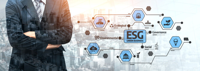 Professional Businessman Analyzing ESG Factors for Sustainable Development in Urban Environment with Digital Icons Representing Social, Governance, and Ecological Aspects. Tessel.