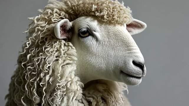 Woolly Wonder: A close-up shot of a single, majestic sheep, its thick, curly wool and serene expression, epitomizes tranquility. 