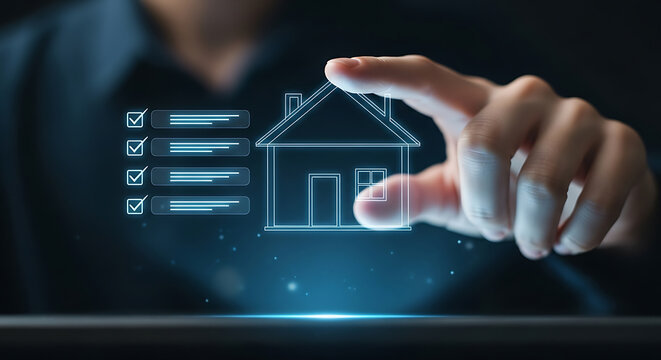 Person s hand interacting with a digital house icon and a checklist, representing property inspection and home buying process.