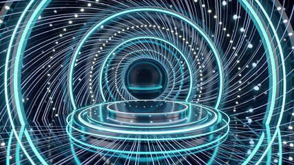 futuristic neon blue stage with rotating glowing rings and lines | technology, innovation, presentation, abstract, futuristic theme - Powered by Adobe