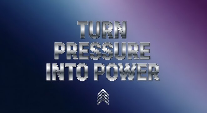 Inspirational quote graphic with the message 'Turn Pressure Into Power' displayed in bold metallic letters against a gradient background