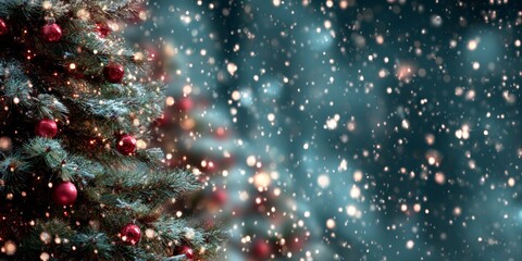 Beautiful Christmas tree adorned with ornaments under a gentle snowfall in a cozy winter atmosphere