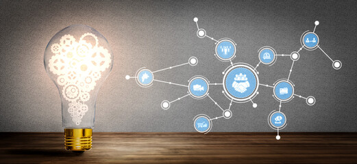 This captivating image features a light bulb filled with gears, symbolizing innovation and ideas,...