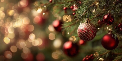Obraz premium Decorated Christmas tree with ornaments and warm lights in a festive setting during the holiday season