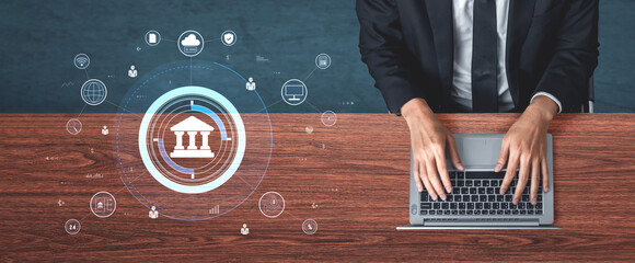 A global FinTech and digital banking network technology concept. A central financial system connected to the worldwide digital economy and services. Motif