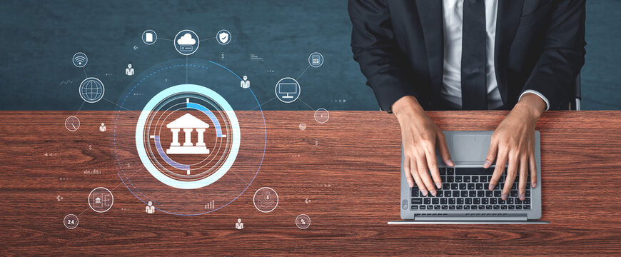 A global FinTech and digital banking network technology concept. A central financial system connected to the worldwide digital economy and services. Motif