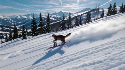 snowboarding cat riding down snowy mountain slope, funny winter pet action | sport, pet, winter, travel, humor theme - Powered by Adobe