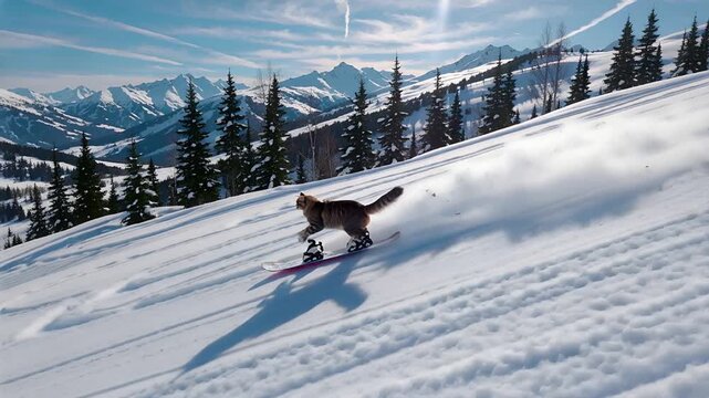 snowboarding cat riding down snowy mountain slope, funny winter pet action | sport, pet, winter, travel, humor theme