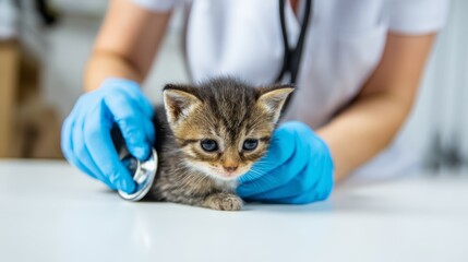 Kitten receives health checkup at veterinary clinic with attentive care in a bright environment