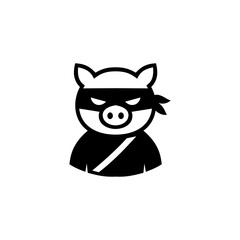 Creative vector illustration of a pig character wearing a ninja mask and outfit, combining humor and simplicity in a bold black design