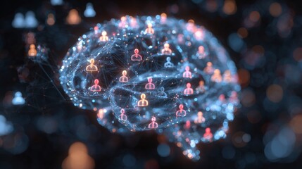 Ethereal brain chip: where digitized consciousness meets reality. Online network map. A glimpse of tomorrow with 3d futuristic ai brain chip icon in focus. Connected people concept.