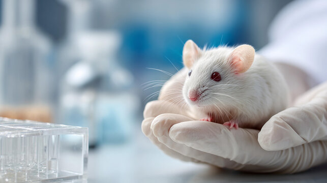 Researcher holds a lab mouse in a scientific environment for study