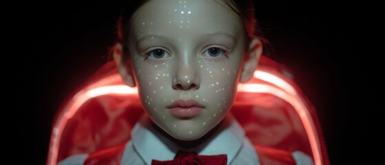 The little scholar's bright and early start. Kpi tracking. Gentle school image with light blue uniform and coral backpack. Business intelligence. Market trends.