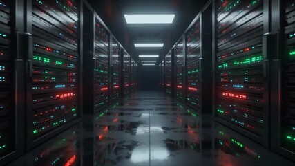 Data Center Server Racks with Colorful Lights in Dark Corridor - Powered by Adobe