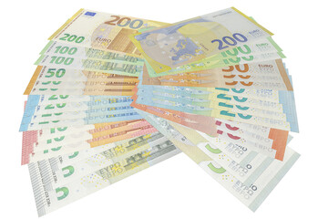 Fan-shaped assortment of euro banknotes including two hundred, one hundred, fifty, twenty, ten and five euro notes spread out in a wide arc on a plain white background, tilted studio shot.