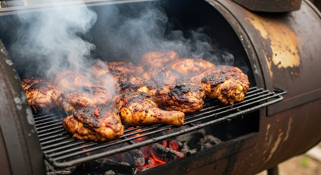 Smoky barbecue chicken quarters sizzling over hot charcoal embers on a large outdoor grill