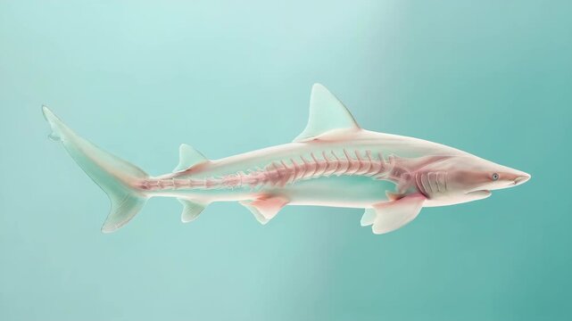 Transparent 3D model of shark showcasing its skeletal structure against blue background