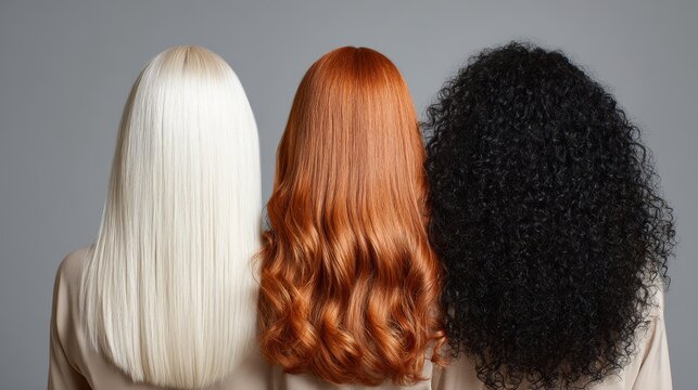 Diverse hairstyles showcasing various hair textures and colors in a studio setting
