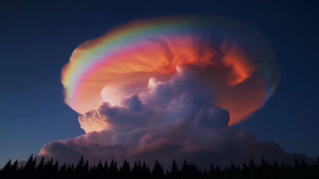 Stunning irisation cloud formation glows with vibrant rainbow colors at dusk over silhouetted pine forest