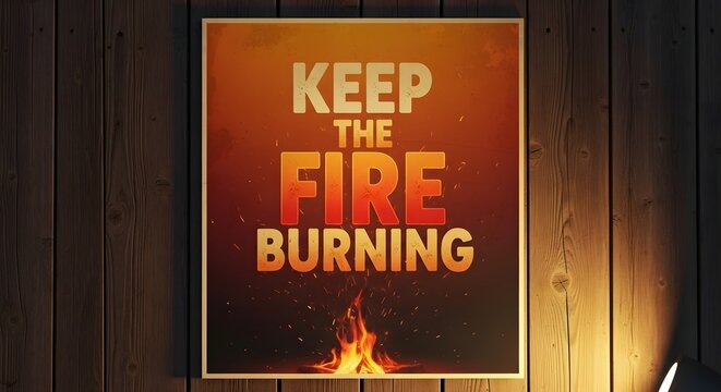 A motivational poster with the message 'Keep the Fire Burning' featuring a fiery flame at the bottom and a warm color gradient background on a wooden wall