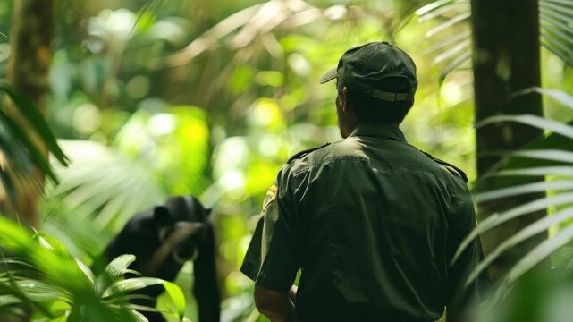 African male ranger observing gorilla in dense jungle vegetation