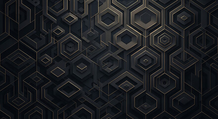 An intricate and dark geometric abstract background featuring a complex network of overlapping hexagonal and rhomboid shapes, creating a modern and futuristic digital pattern