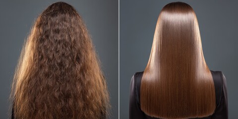 Transformation of curly hair to sleek straight look showcased during a hair styling session in a salon setting