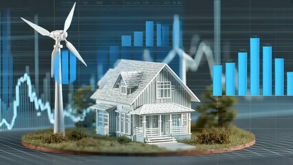 A model house with a wind turbine, set against a backdrop of rising financial graphs and greenery - Powered by Adobe