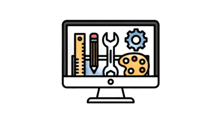 Computer monitor displaying tools for design and development isolated
