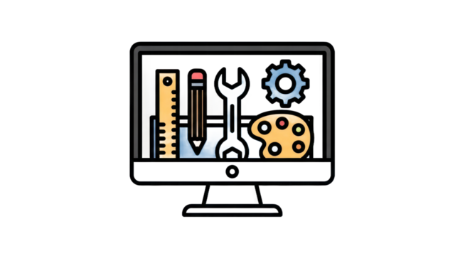 Computer monitor displaying tools for design and development isolated - Powered by Adobe