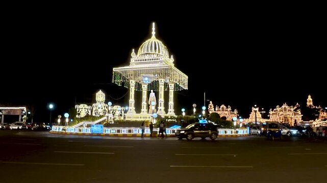 Mysuru, Karnataka, India-October 7 2025; An Evening view of the Mysore palace cityscape during Dussehra, Navratri celebration decked up with electric lights for the annual carnival in Karnataka, India