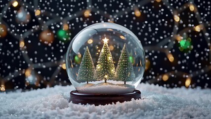 serene winter snow globe landscape with illuminated christmas tree, bokeh lights | christmas, winter, holiday, festive, decor theme - Powered by Adobe