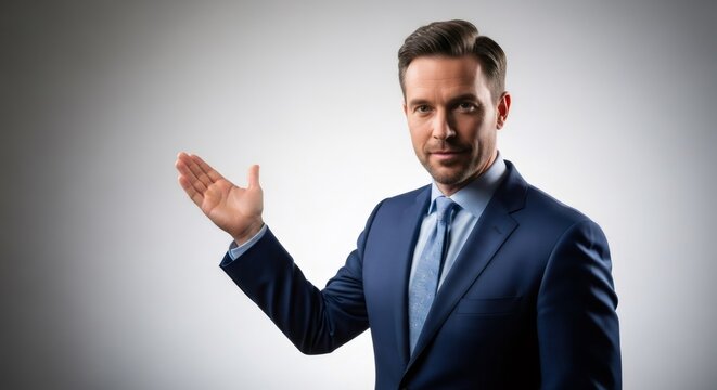 Man in blue suit presenting with open hand gesture and serious expression. Journalist giving interview or news report concept for formal presentation.