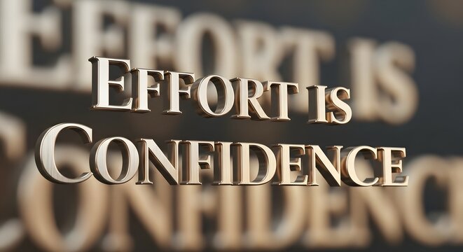 A motivational quote displayed in bold 3D text emphasizing that effort leads to confidence, set against a blurred background for visual impact