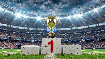 golden trophy on podium number one confetti stadium celebration victory | sports, motivation, celebration, achievement, success theme - Powered by Adobe