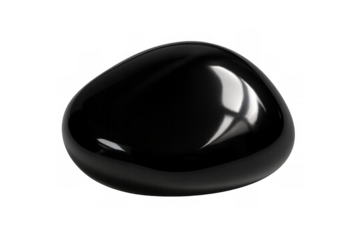 Black smooth glossy pebble stone with reflection on transparent background, minimalism and abstract design element