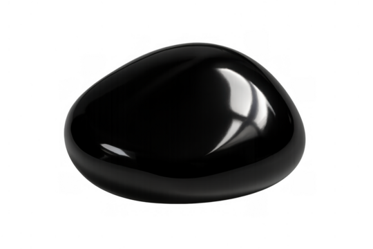 Black smooth glossy pebble stone with reflection on transparent background, minimalism and abstract design element