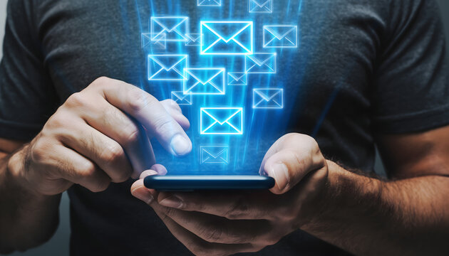Person Using Smartphone with Glowing Holographic Email Icons - Powered by Adobe