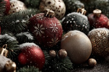 Enchanting winter scene: classic ornaments on snowy fir. Rich texture. Captivating holiday decor: fir adorned with vibrant ornaments. Designer fashion. Sophisticated pose.