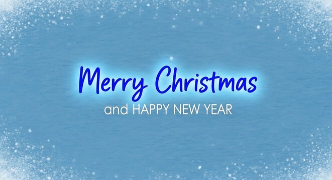 Elegant merry christmas and happy new year greeting card with blue text on a light blue background, perfect for winter holiday season celebrations