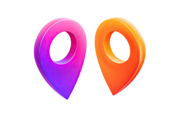 Two vibrant, 3D map markers in pink-purple and orange-red