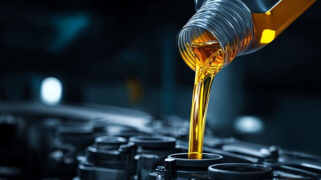 Oil pouring into an engine during routine maintenance at a workshop in the afternoon light