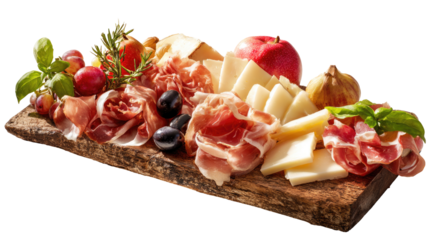 Wooden board loaded with cured meats, cheeses, fruit, and herbs